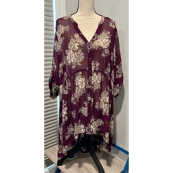 Torrid Floral Chiffon Hi-Low Button Down V-Neck Tunic Purple/Maroon Size 2 - Picture 3 of 7